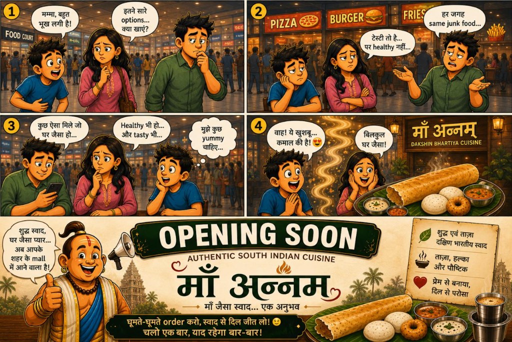 Four-panel comic: a family in a busy mall food court finds healthy, homestyle South Indian food at माँ अन्नम(Maa Annam), with authentic dosa, idli, vada, sambar, and chutney.